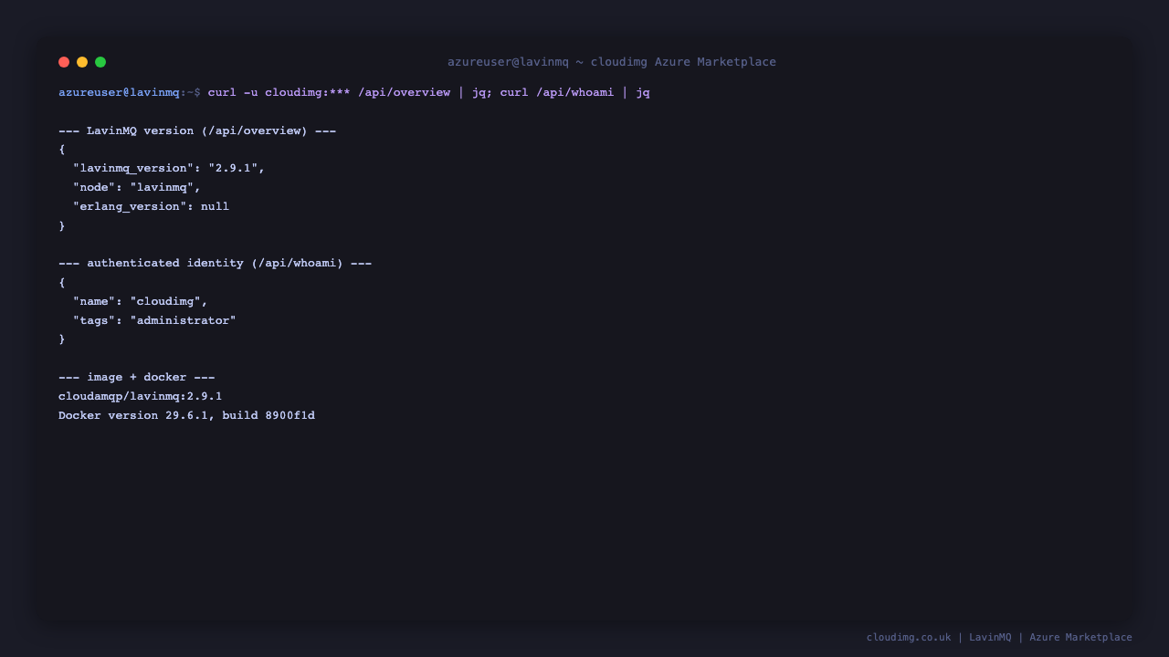 LavinMQ /api/overview reporting version 2.9.1 with no Erlang runtime, and /api/whoami returning the cloudimg administrator