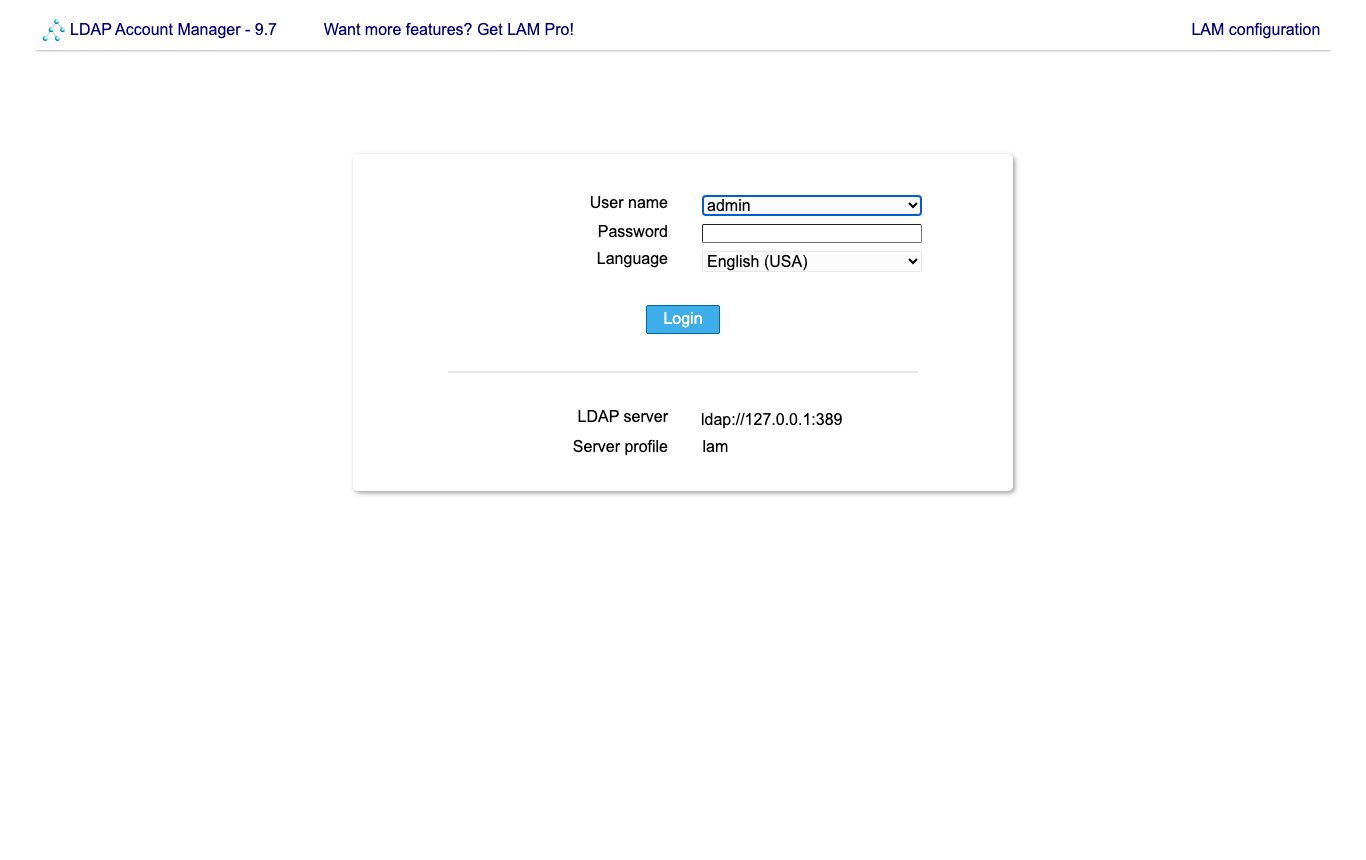 The LDAP Account Manager 9.7 sign-in page with the user name admin and the password field