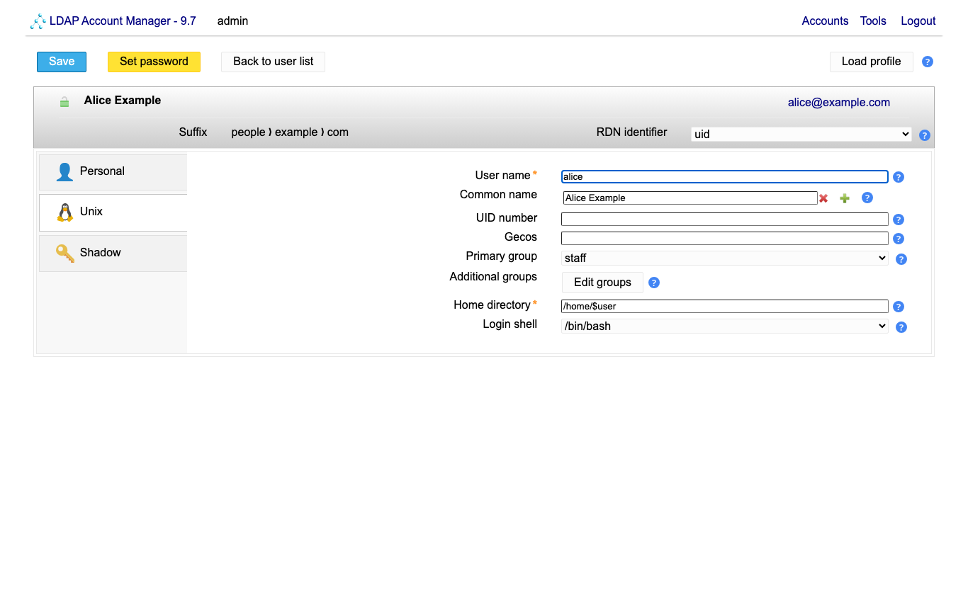 The Unix tab of a new user: user name alice, common name Alice Example, primary group staff, home directory /home/$user