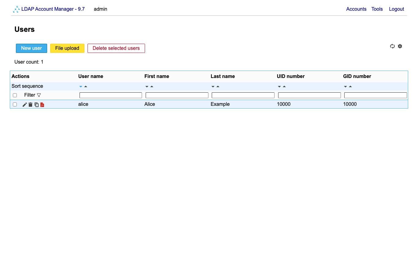 The LAM Users list with the new user alice, UID number 10000, GID number 10000