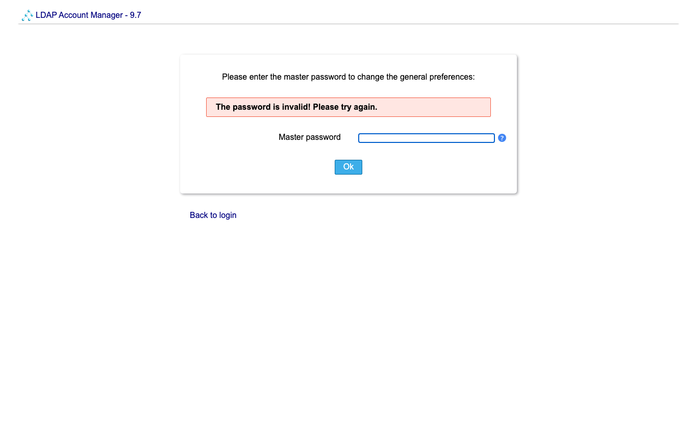 LAM configuration refusing the default master password: The password is invalid