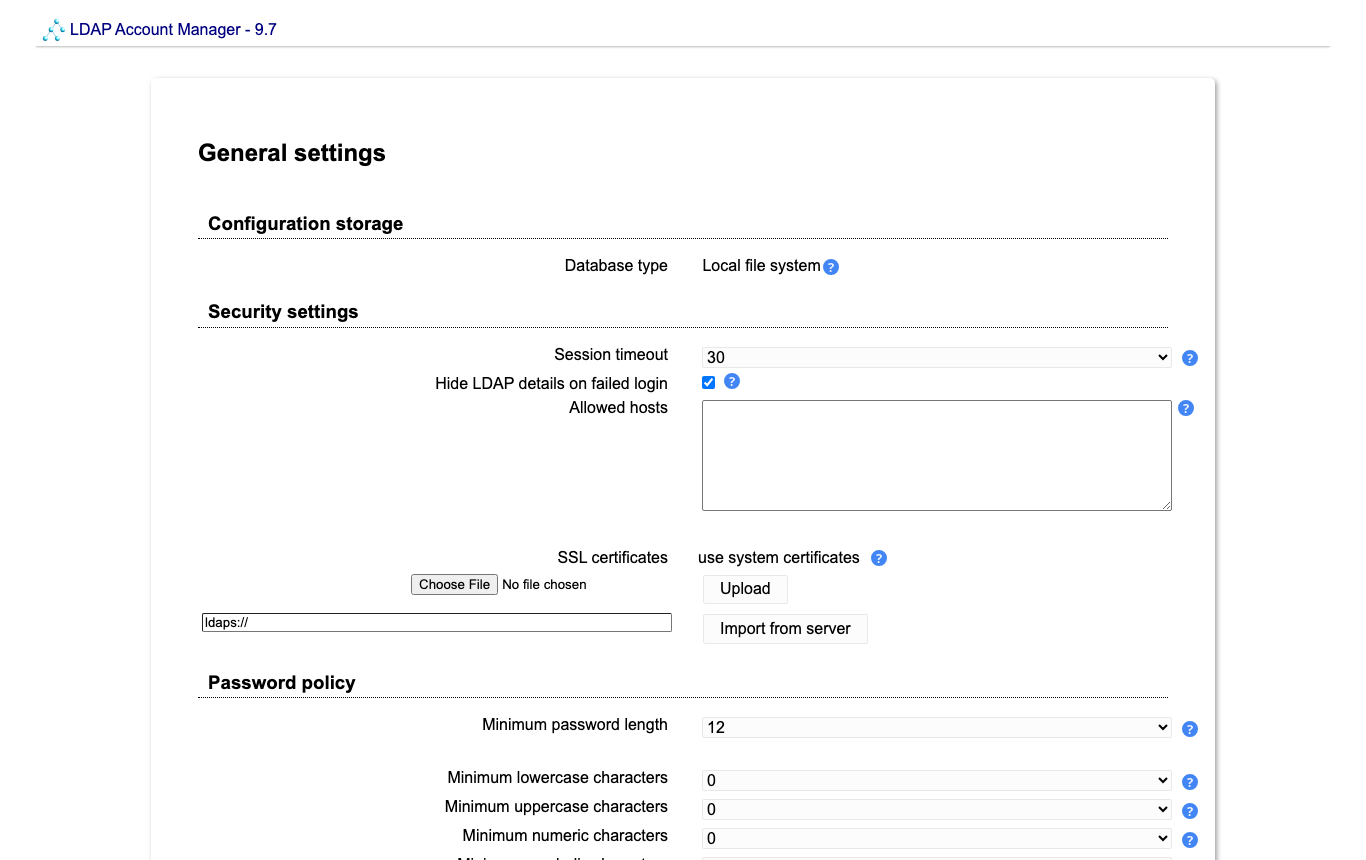 LAM general settings: configuration storage local file system, session timeout 30, hide LDAP details on failed login, password policy minimum length 12