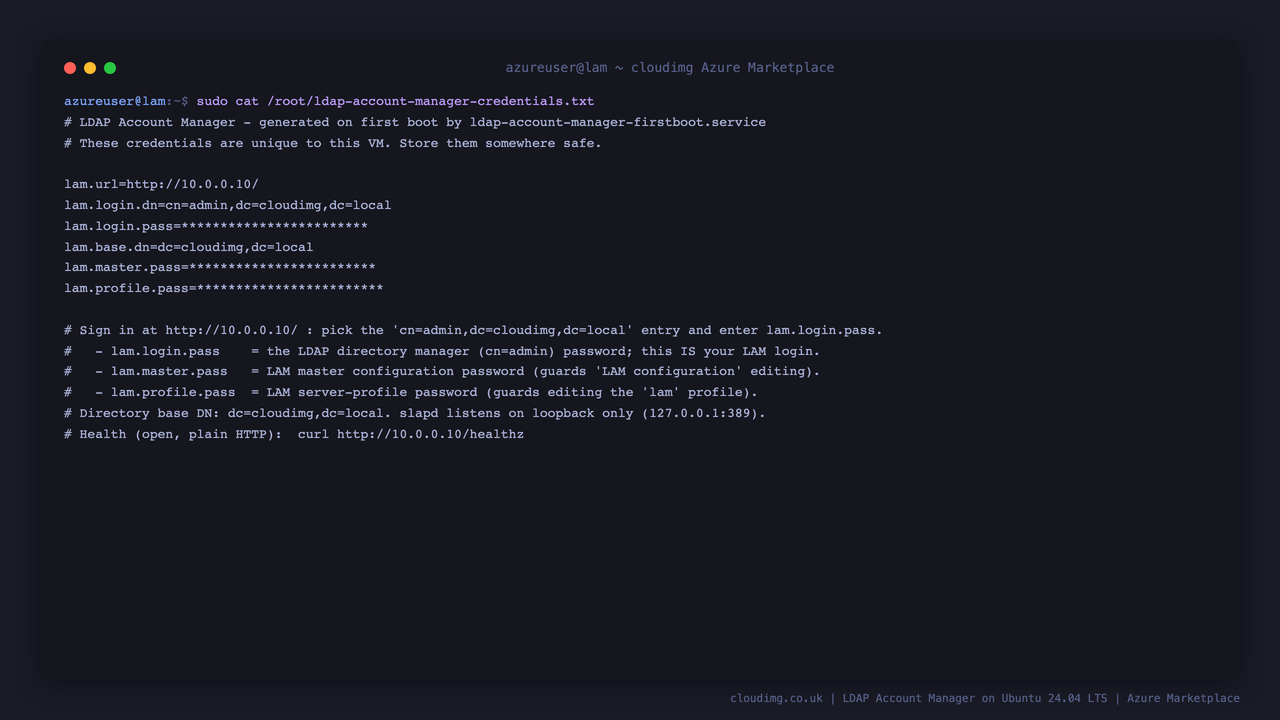 The per VM LDAP Account Manager credentials file, showing the login DN, the generated directory manager password, the base DN and the LAM master and profile passwords