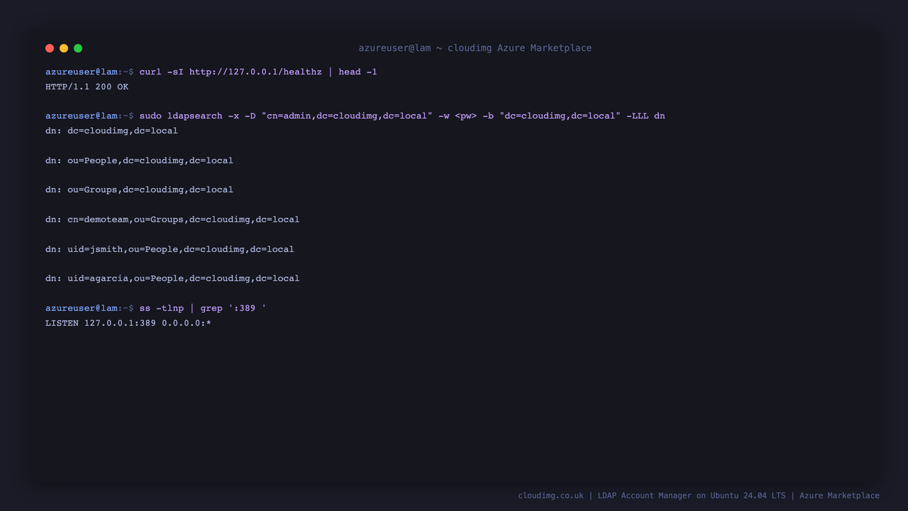The healthz endpoint returning 200, the ldapsearch listing the People and Groups organisational units and the sample accounts, and slapd bound to loopback 127.0.0.1:389 only