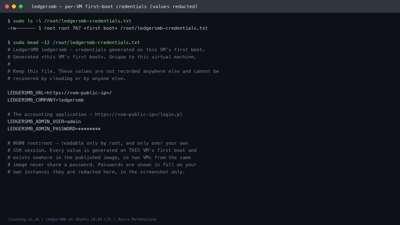 The per-VM credentials file, generated on first boot and readable only by root