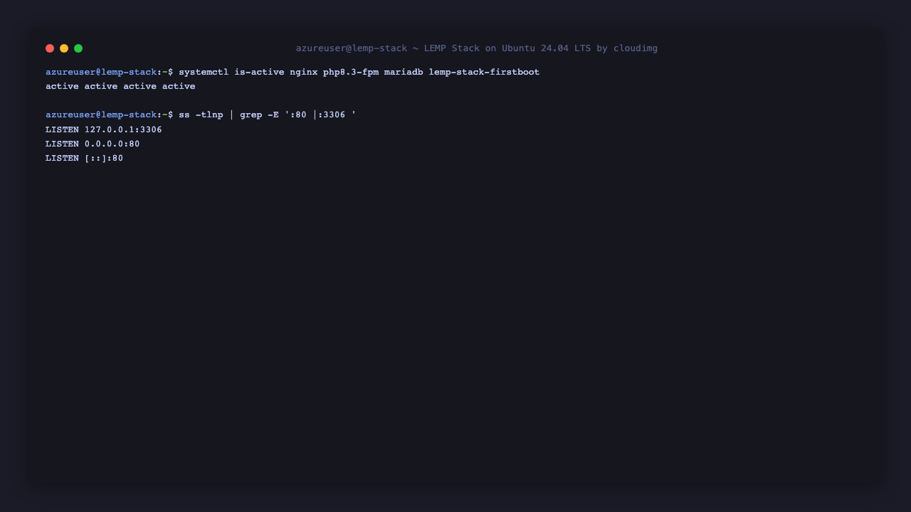 The nginx, php8.3-fpm, mariadb and lemp-stack-firstboot services all active, with nginx listening on port 80 and MariaDB bound to loopback 127.0.0.1:3306