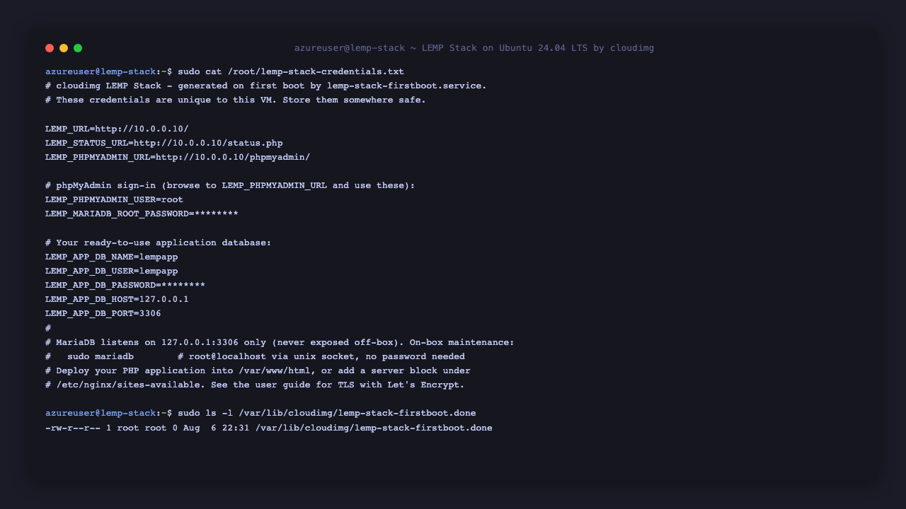 The per VM credentials file listing the phpMyAdmin sign in user and password, and the ready to use application database name, user and password, with the passwords masked