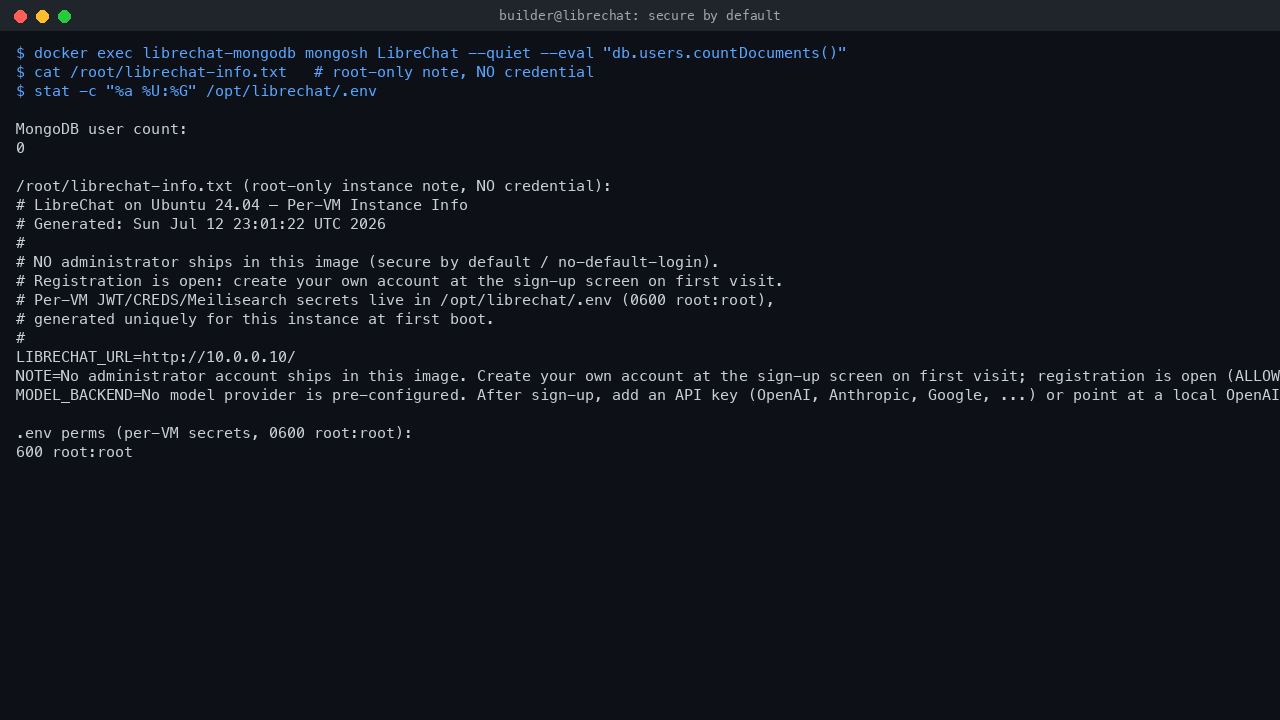 MongoDB reporting zero users, a root only instance info note that holds no credential only the resolved interface URL, and the per instance secrets file readable only by root
