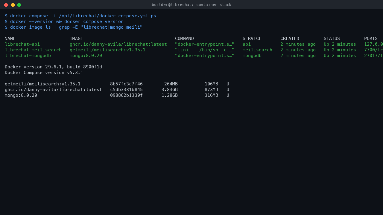 Docker and nginx versions, the librechat-api, librechat-mongodb and librechat-meilisearch containers all Up, and the pulled LibreChat, MongoDB and Meilisearch images on disk