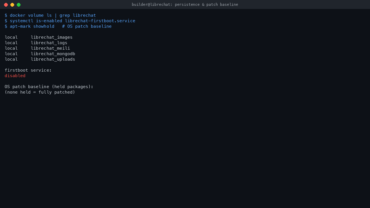 The LibreChat MongoDB, Meilisearch, uploads, logs and images Docker volumes, the first boot service state, and an intact OS patch baseline with no held packages