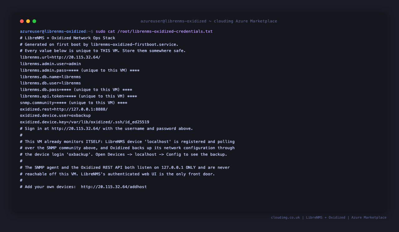 the credentials file listing the LibreNMS URL, admin username, admin password, database name, user and password, the API token, the SNMP community, the Oxidized REST address, and the oxbackup device login and key path, with the secret values masked