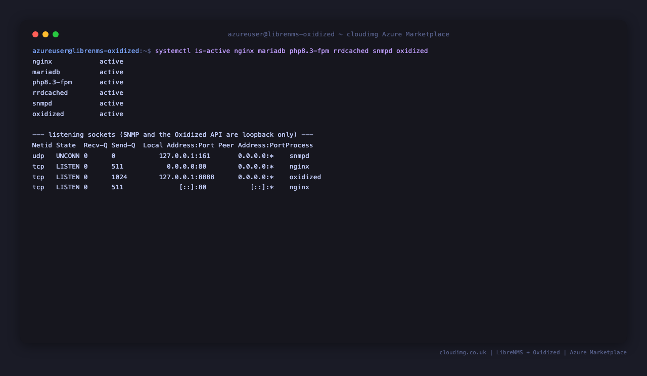 systemctl reports nginx, mariadb, php8.3-fpm, rrdcached, snmpd and oxidized all active, and the listening socket table shows the web interface on port 80 while the SNMP agent on 161 and the Oxidized API on 8888 are bound to 127.0.0.1 only