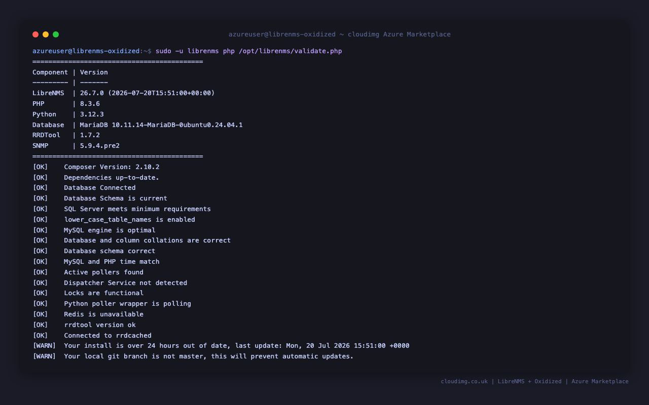 the LibreNMS validate.php health check reporting the component versions and a list of OK results covering the database connection, schema, poller, locks, rrdtool and the rrdcached connection