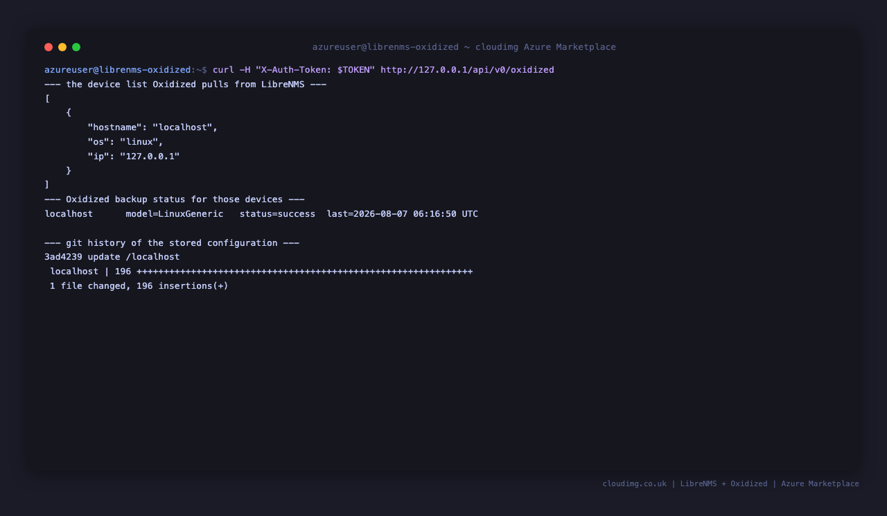 the LibreNMS API returning the oxidized device list containing localhost, the Oxidized node status reporting model LinuxGeneric with status success, and the git log of the configuration store showing a commit for localhost with 196 insertions