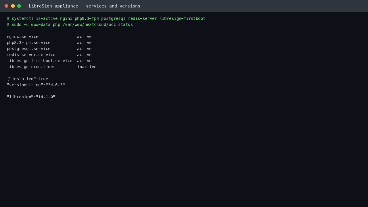 Every unit in the LibreSign stack reporting active, with the pinned Nextcloud 34.0.3 and LibreSign 14.1.0 versions