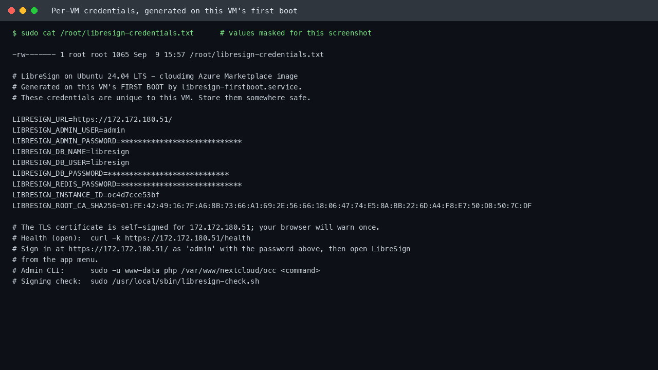 The per-VM credentials file written on first boot, with the password values masked