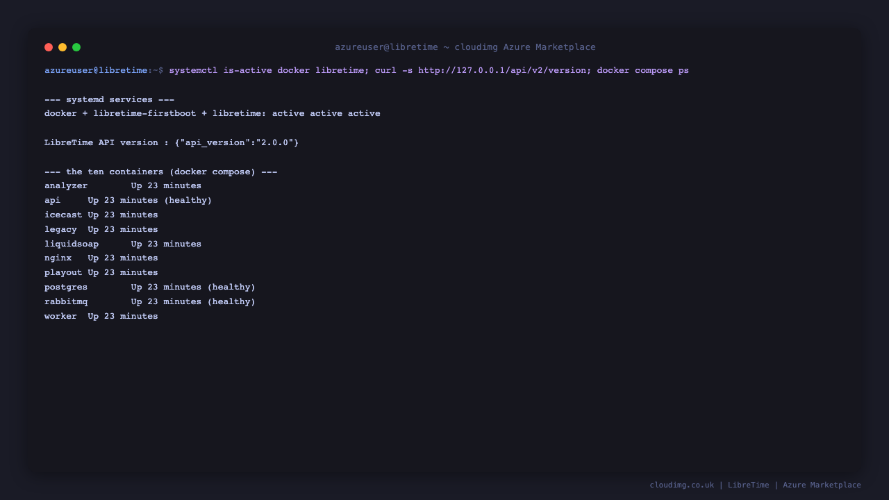 The docker, libretime-firstboot and libretime systemd services all reporting active, the LibreTime API version, and the ten docker compose containers (postgres, rabbitmq, icecast, liquidsoap, analyzer, worker, api, legacy, nginx and playout) all up, with postgres, rabbitmq and api healthy