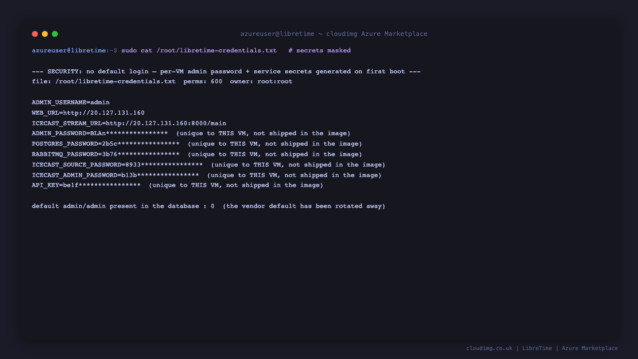 The libretime-credentials.txt file at mode 0600 root root showing the per VM admin username, the web and Icecast stream URLs in clear, all service secrets masked and noted as unique to this VM, and a check confirming the default admin/admin credential has been rotated away in the database