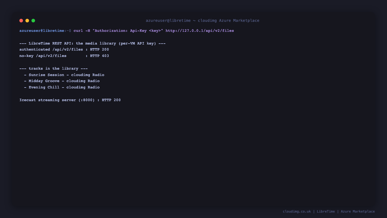 The LibreTime REST API returning HTTP 200 for an authenticated library request and rejecting an unauthenticated one, the demo tracks listed from the library, and the Icecast streaming server answering with HTTP 200 on port 8000
