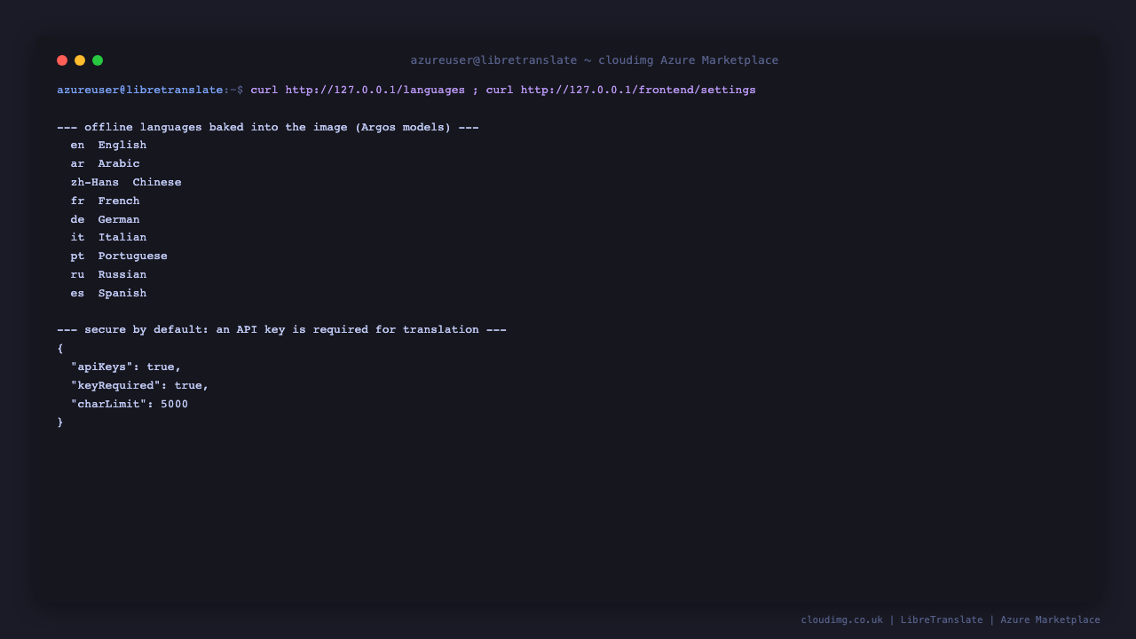 Terminal listing the nine offline languages loaded from the baked in Argos models and the frontend settings showing apiKeys true and keyRequired true, confirming the service is secured by default