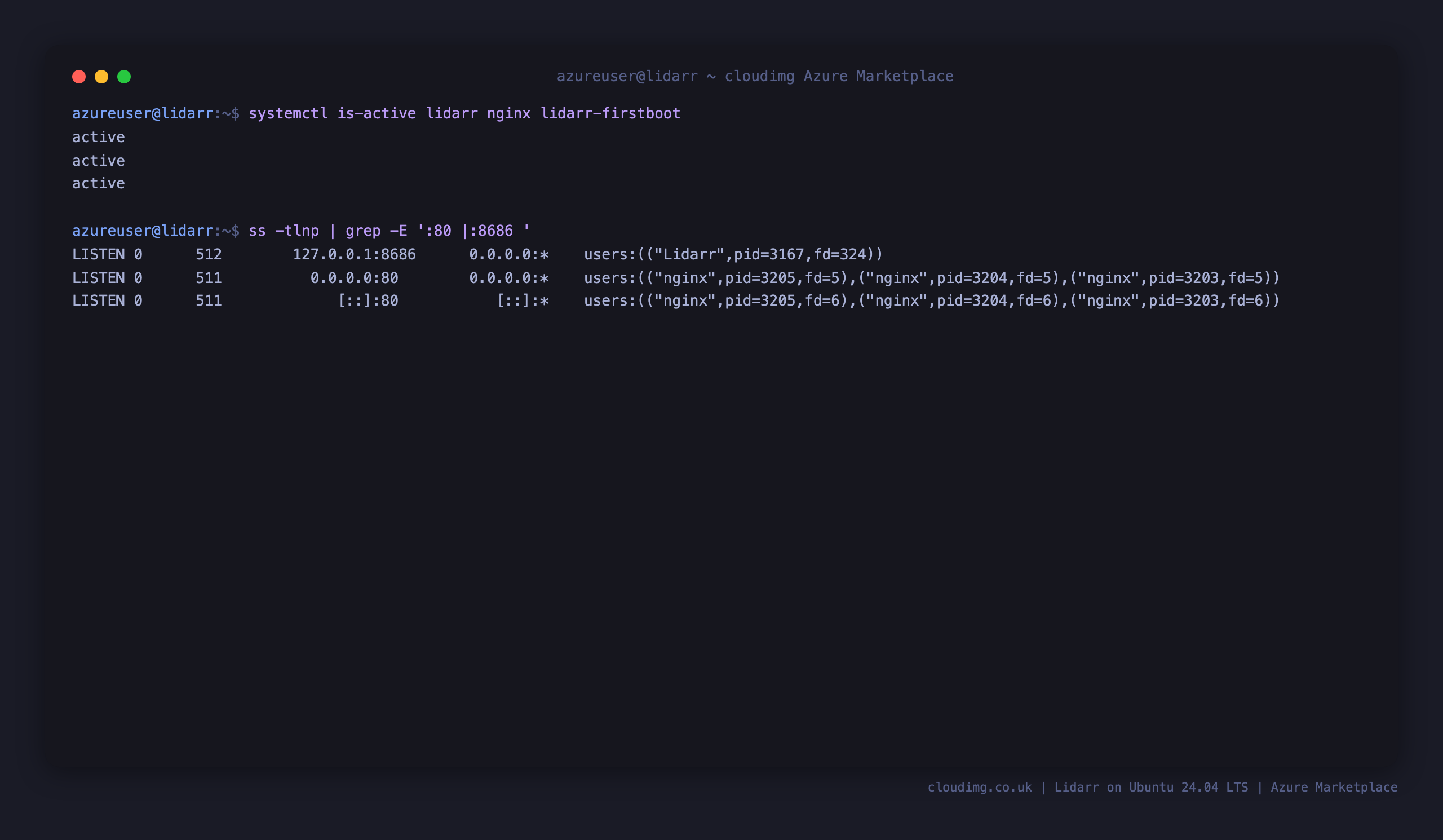 lidarr.service and nginx.service active, with port 80 on nginx and Lidarr bound to loopback on 8686