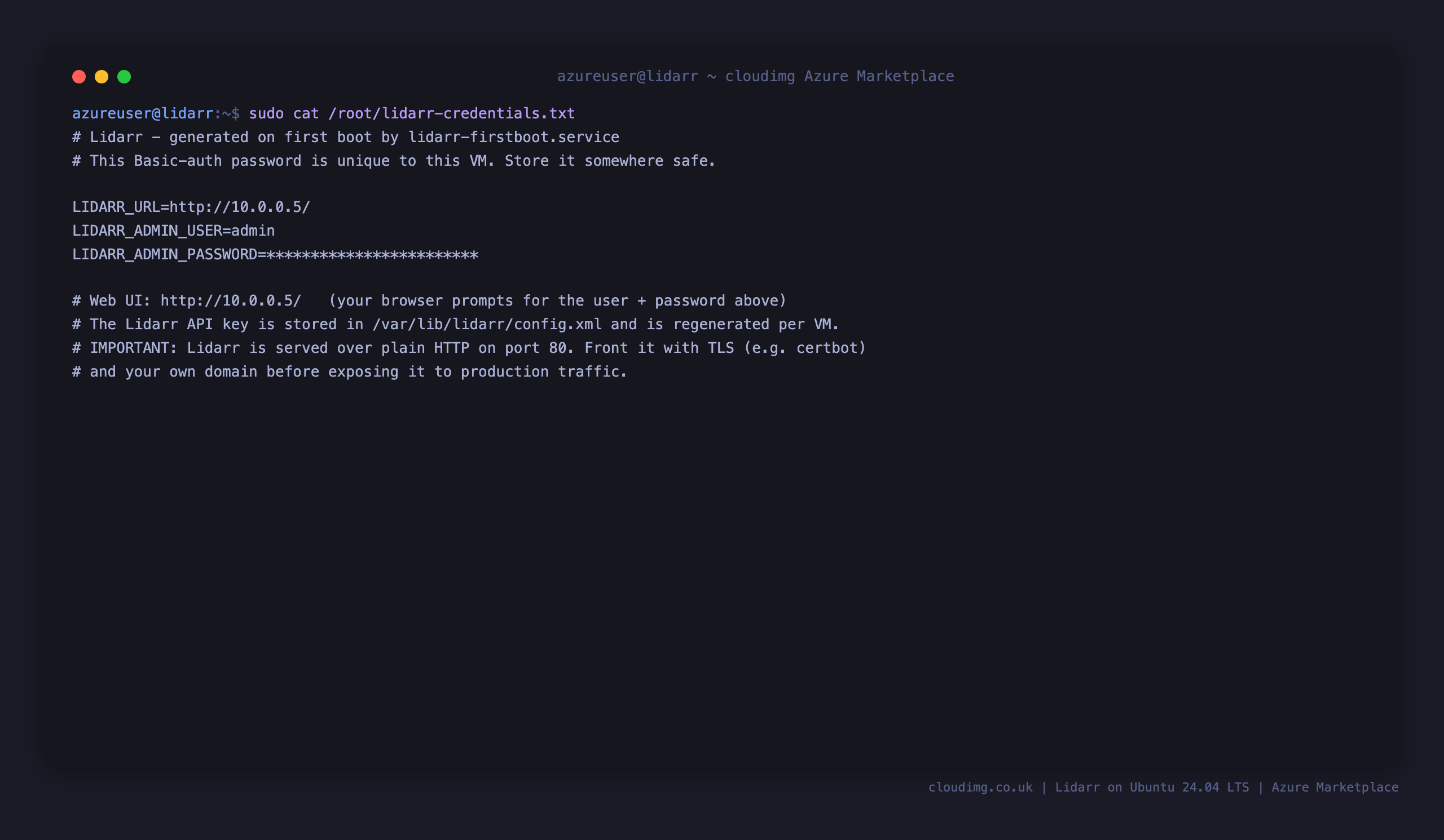 The per VM credentials file showing the sign in URL, the admin user and the generated password