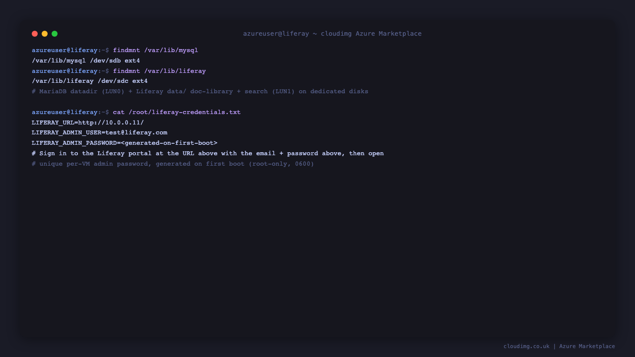 The two dedicated data disks mounted at /var/lib/mysql and /var/lib/liferay, and the root only 0600 credentials file with the per-VM administrator email and password