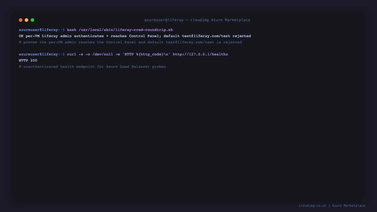 The credential round trip reporting that the per-VM Liferay admin authenticates and reaches the Control Panel while the default test@liferay.com/test login is rejected, and the health endpoint returning HTTP 200