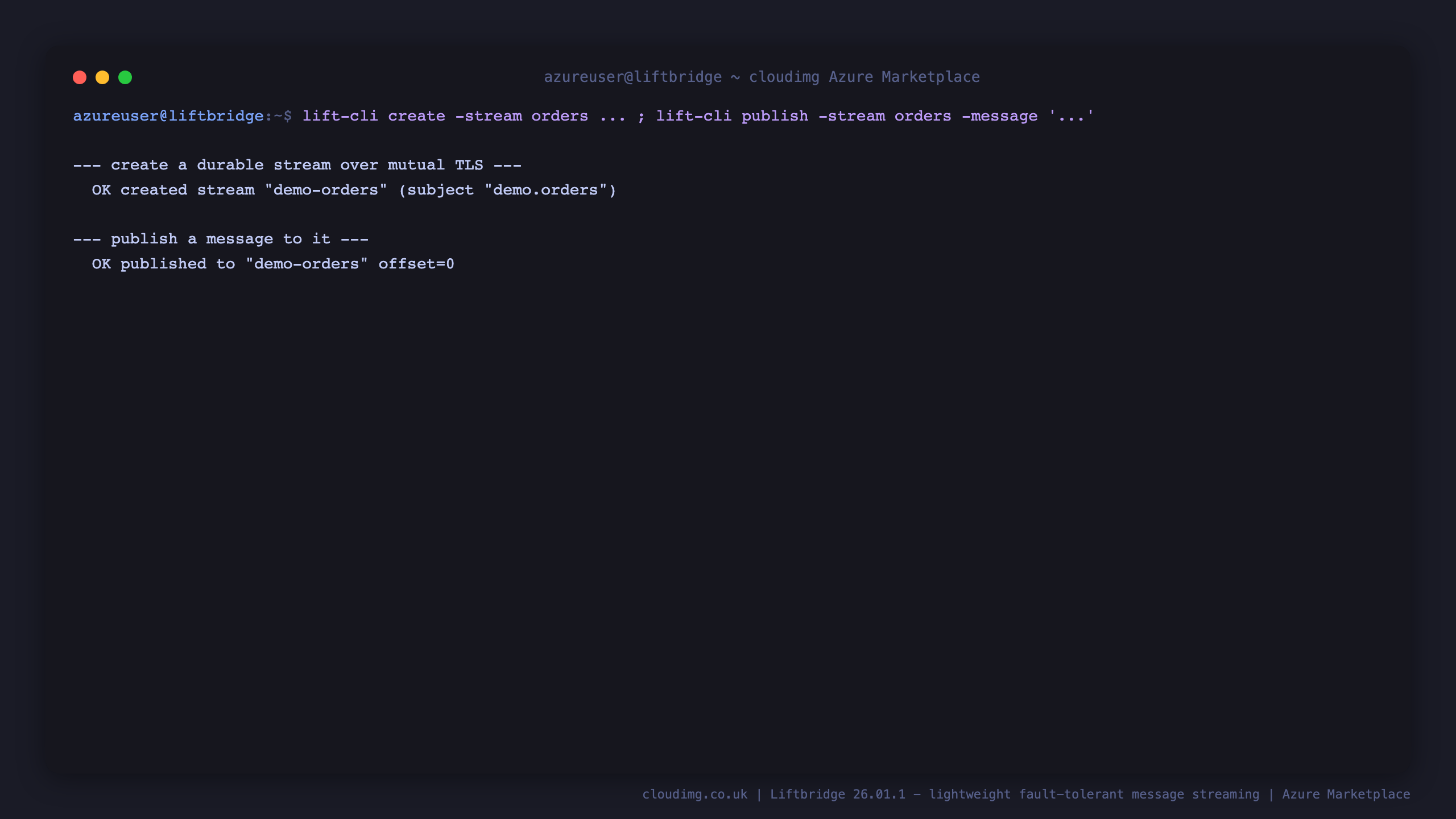 lift-cli create reports OK created stream demo-orders, and lift-cli publish reports OK published to demo-orders at offset 0