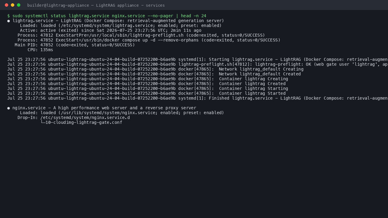 The docker, lightrag-firstboot, lightrag and nginx services all active on the appliance