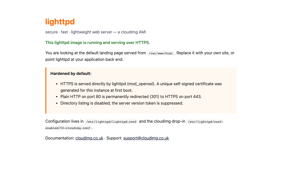 the cloudimg lighttpd landing page rendered in a browser over HTTPS, confirming the web server is running and serving the default document root over TLS