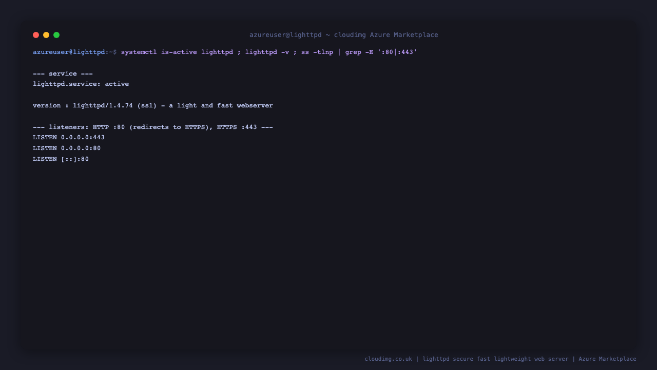 lighttpd.service reports active, lighttpd -v reports version lighttpd 1.4.74 with ssl support, and ss shows the server listening on port 443 for HTTPS and port 80 for the HTTP to HTTPS redirect on all interfaces
