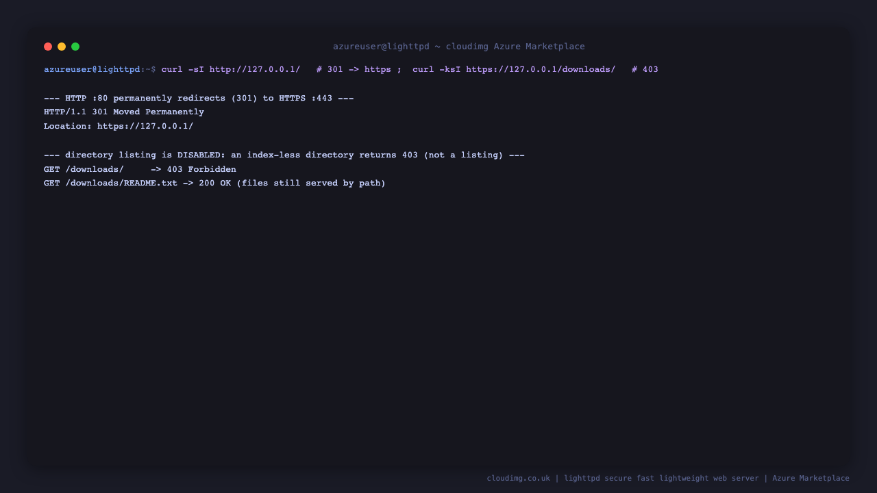 curl over HTTP returns 301 Moved Permanently with a Location header pointing at the HTTPS URL, a request for the index less downloads directory returns 403 Forbidden proving directory listing is disabled, and a request for a file inside that directory returns 200