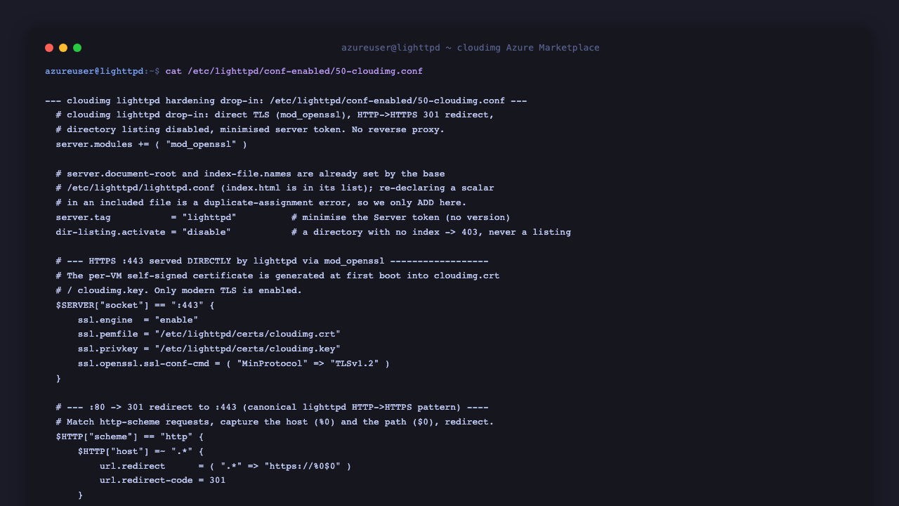 the cloudimg lighttpd hardening drop in file showing mod_openssl loaded, the server tag set to lighttpd, directory listing disabled, the HTTPS socket on port 443 with ssl engine enabled pointing at the per VM certificate, and the HTTP to HTTPS 301 redirect block