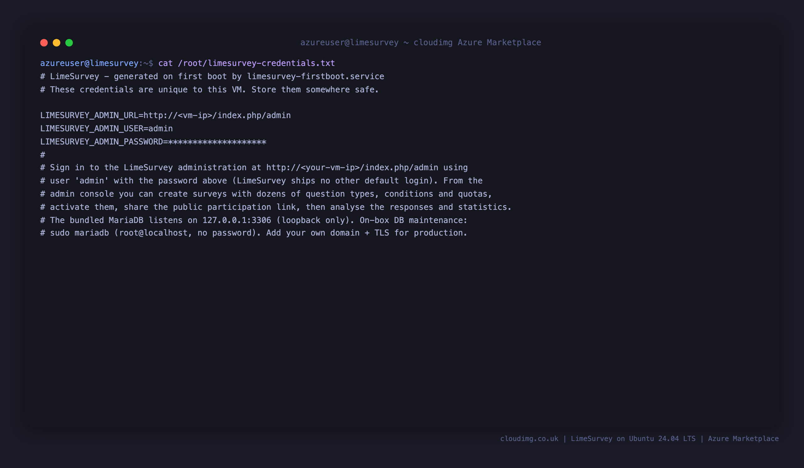 The per VM LimeSurvey credentials file, showing the admin login user, the generated password and the admin console URL