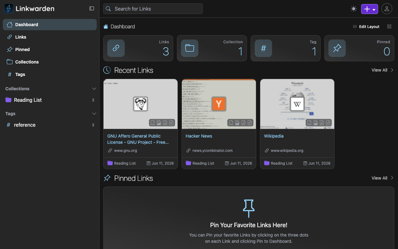 Linkwarden dashboard