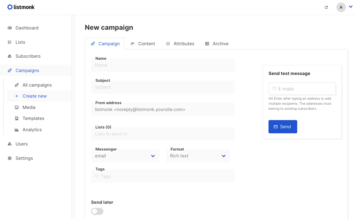 Listmonk campaign composer