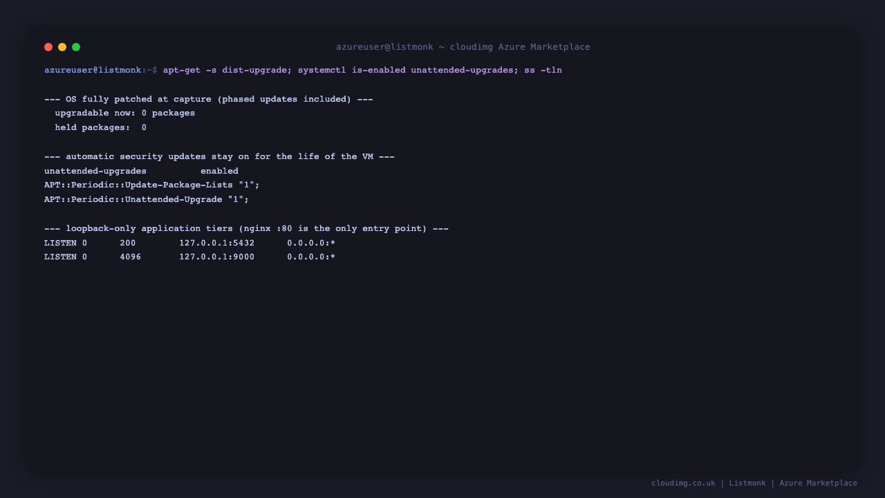 Security baseline — automatic updates and loopback-only services