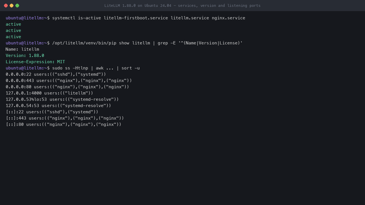 litellm-firstboot, litellm and nginx active, LiteLLM 1.88.0 under the MIT licence, and the listening set: sshd and nginx on 22, 80 and 443, LiteLLM on 127.0.0.1:4000 only