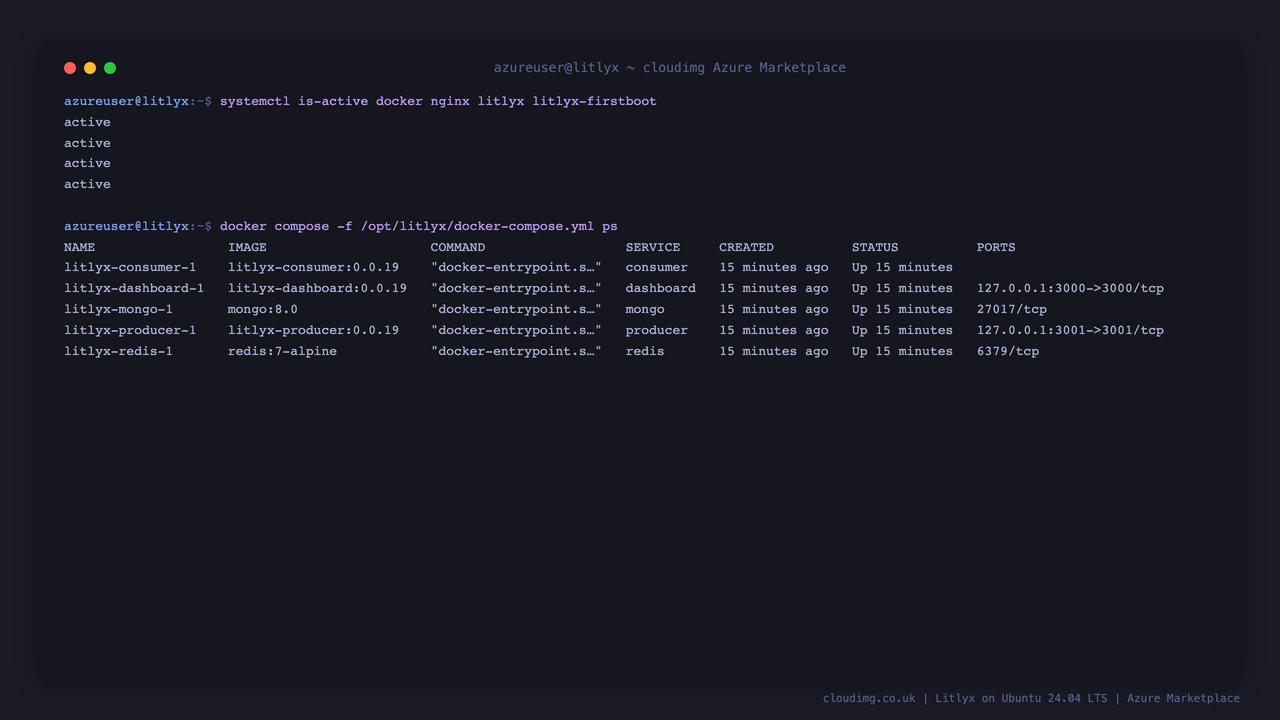 The docker, nginx, litlyx and litlyx-firstboot systemd units active and all five Litlyx Compose services up