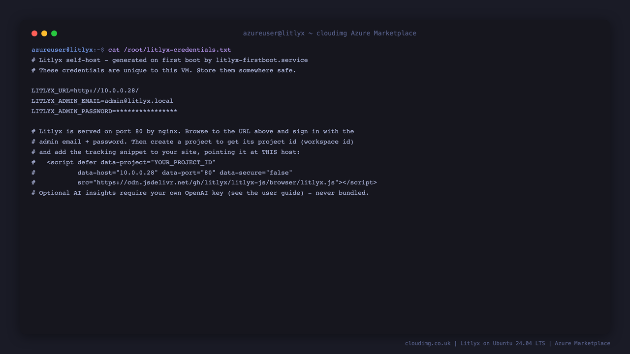 The per-VM Litlyx admin credentials file, with the generated admin password