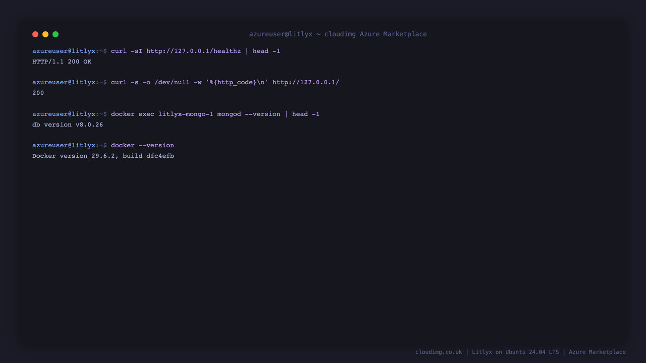 The healthz endpoint returning 200, the dashboard responding, and the bundled MongoDB 8.0 and Docker versions