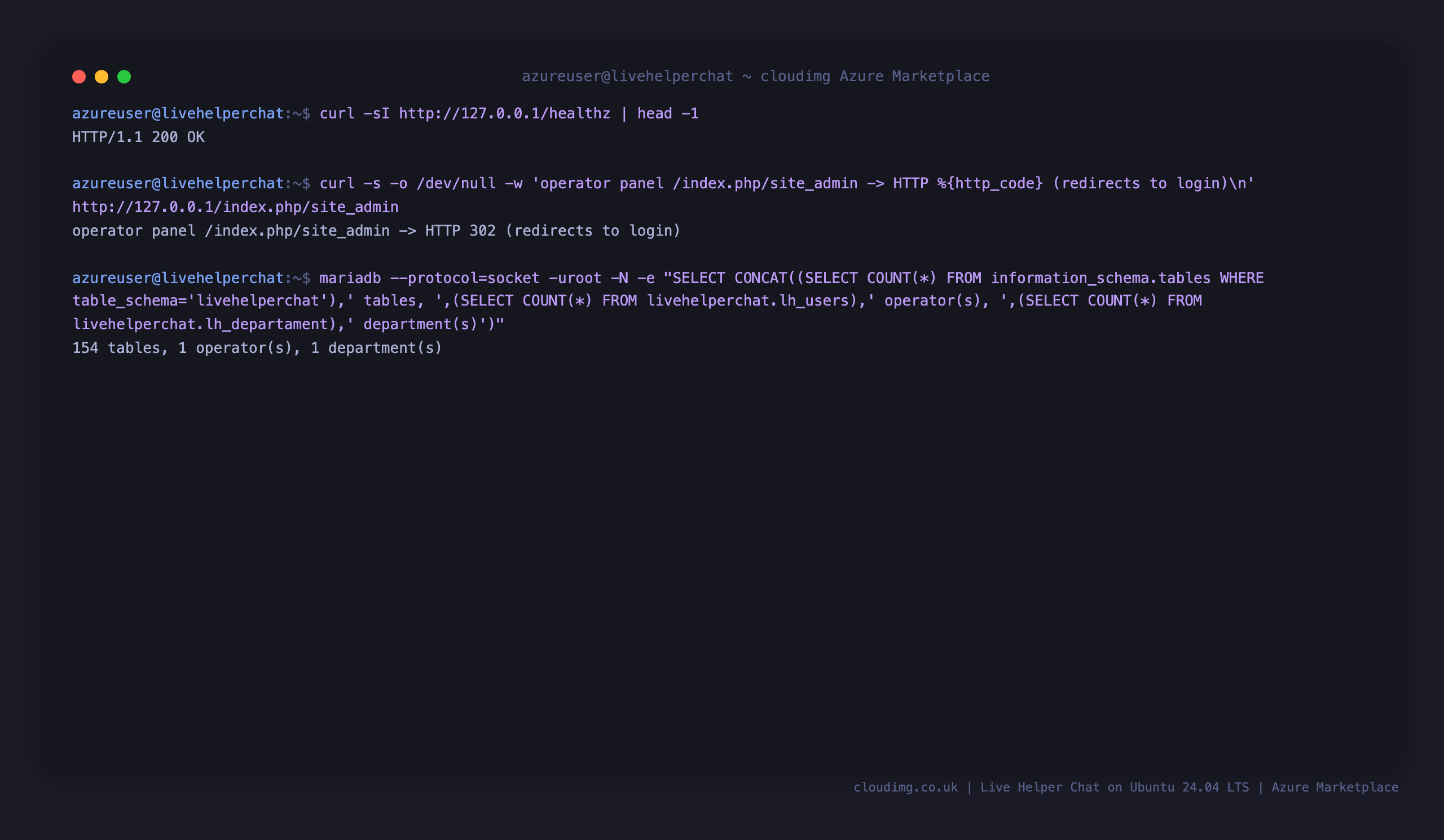 The healthz endpoint returning HTTP 200 and the Live Helper Chat schema summary showing the table, operator and department counts