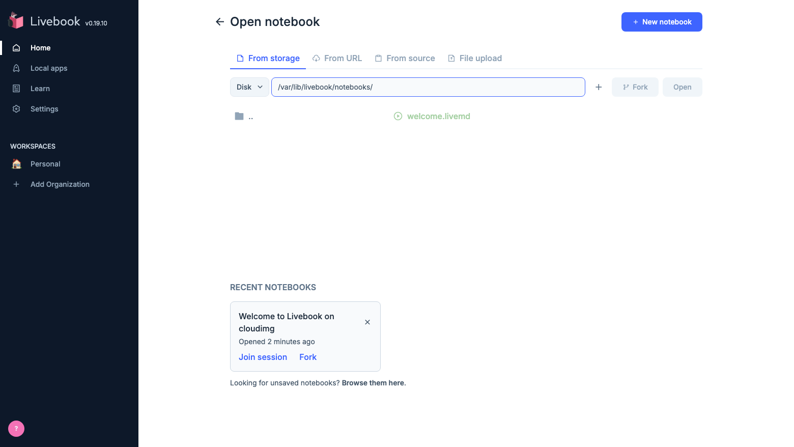 The Open notebook page listing welcome.livemd in /var/lib/livebook/notebooks