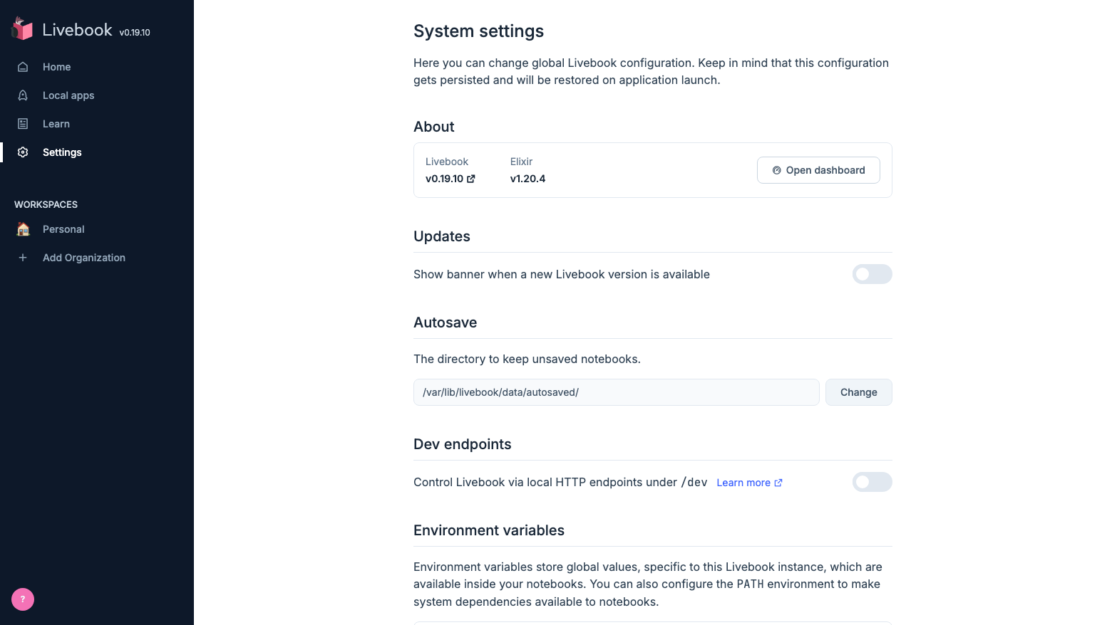 Livebook Settings showing version 0.19.10 with Elixir 1.20.4, the update banner switched off and the dev endpoints switched off