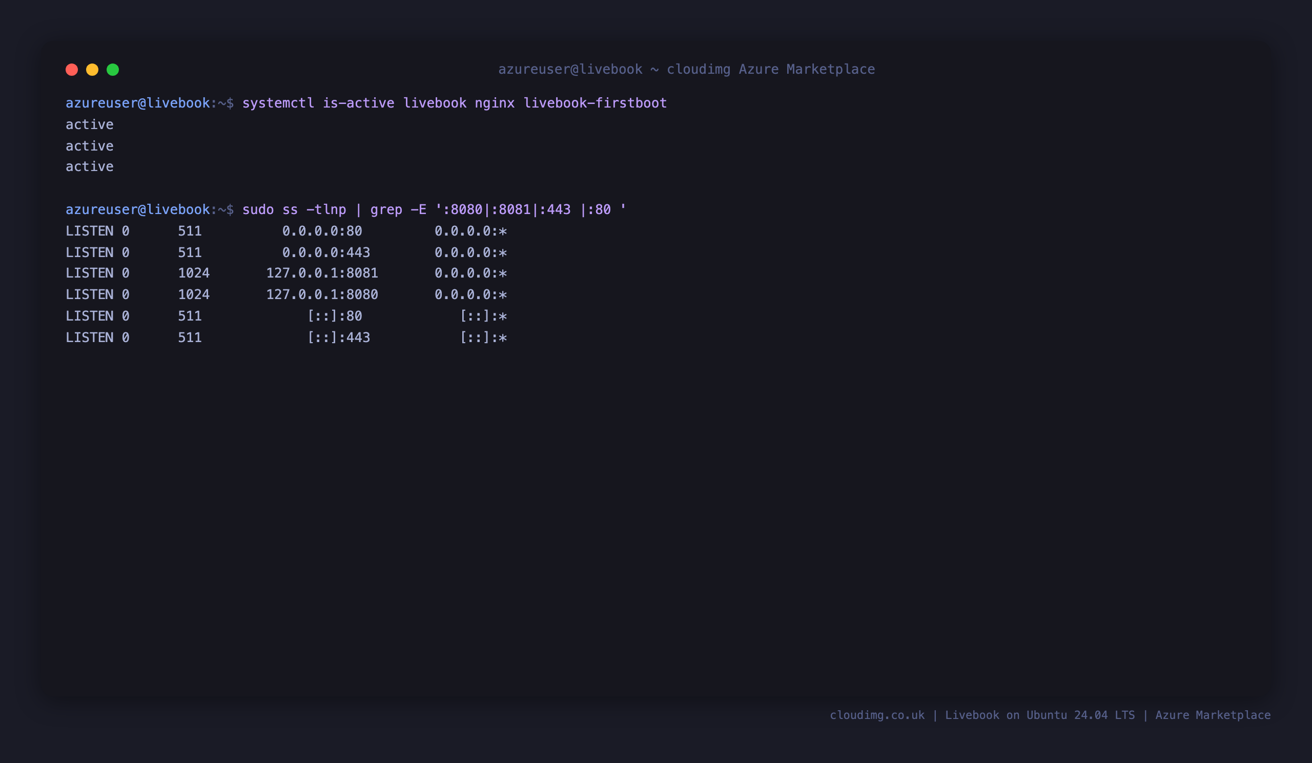 Terminal showing livebook and nginx services active and Livebook bound to loopback 127.0.0.1:8080 behind nginx on ports 80 and 443