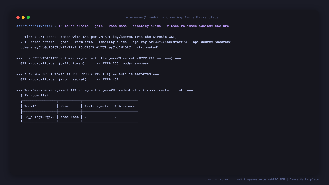 Minting a JWT access token with the per instance API key and secret using the LiveKit CLI, the server validating a token signed with the per instance secret and returning HTTP 200 success, a wrong secret token being rejected with HTTP 401 which proves authentication is enforced, and the RoomService management API accepting the per instance credential to create and list a room