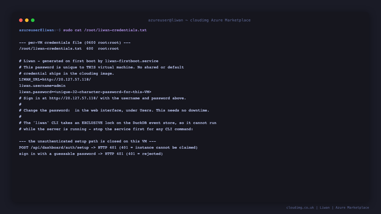 The per-VM credentials file, generated on first boot, with the password redacted