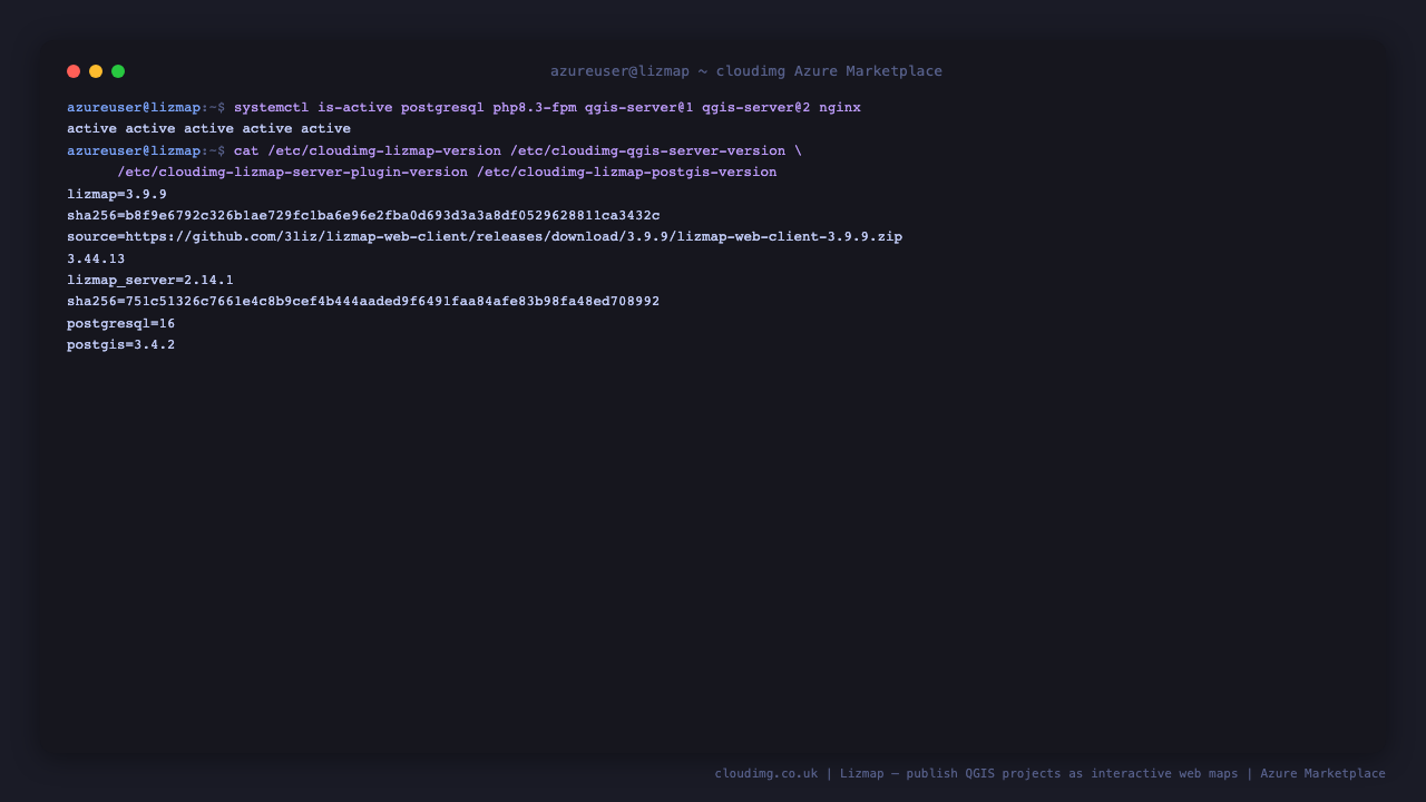 Every tier of the Lizmap appliance active, with the exact shipped versions