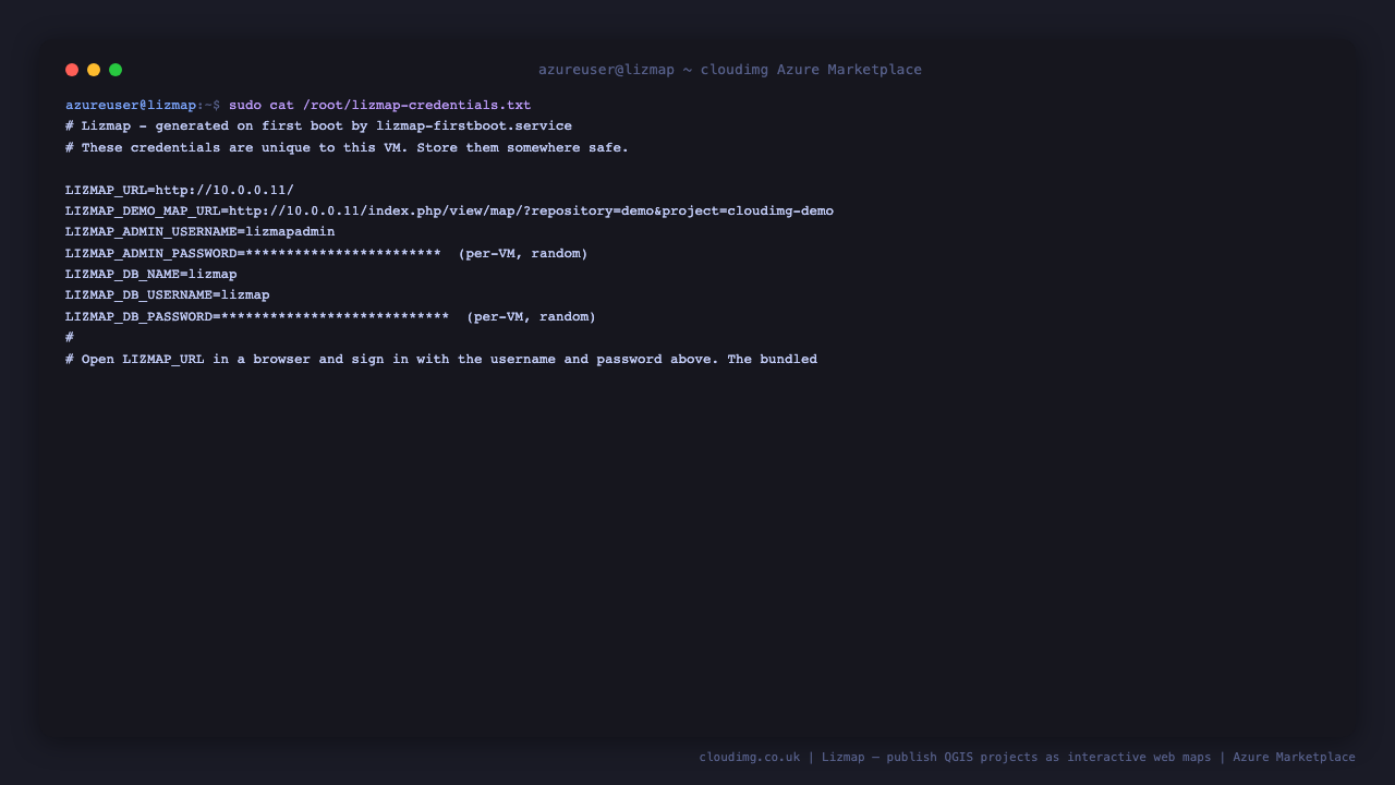 The per-VM administrator and database credentials generated at first boot
